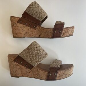 Crown Vintage Double Trouble Leather Cork Wedge Slip On Sandals Women's Shoe 9.5
